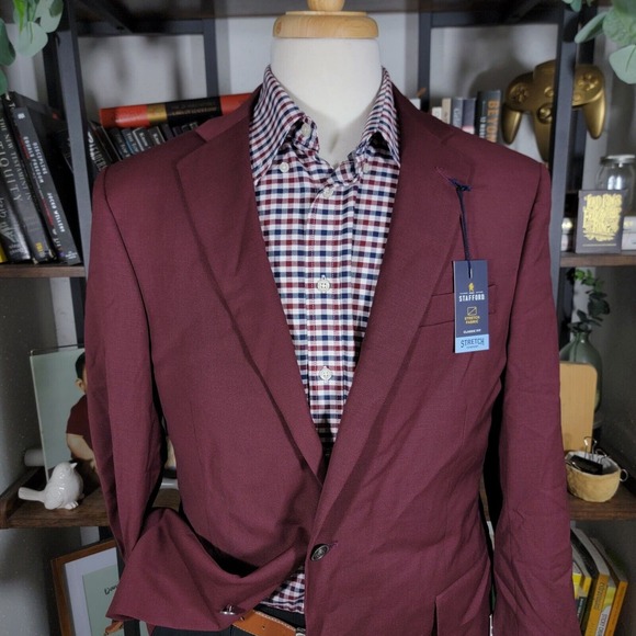 Stafford Men's Hopsack Blazer Two Silver Button Burgundy Wool Blend Classic 44R - Picture 2 of 13
